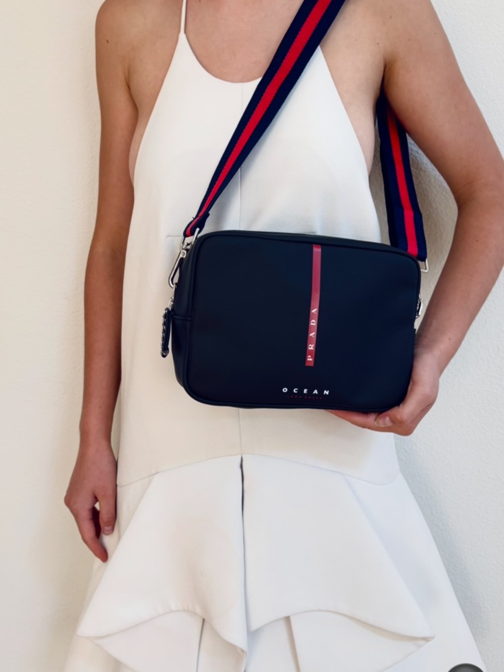 PRADA ocean Navy blue Crossbody Bag with Navy and Red Strap LOGO scuba gold